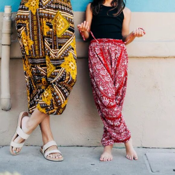 Kids Red Lotus Harem Pant Unisex Cotton Printed Travel Boho Hippie Pants Red - Picture 3 of 9